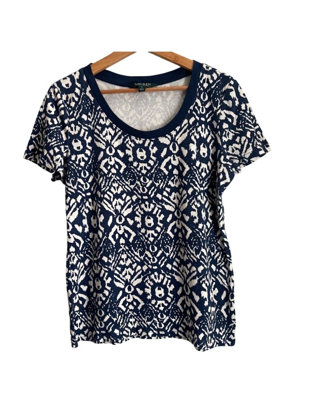 Lauren Ralph Lauren Womens Navy White Ikat Print Top Size XL Coastal Preppy Boho